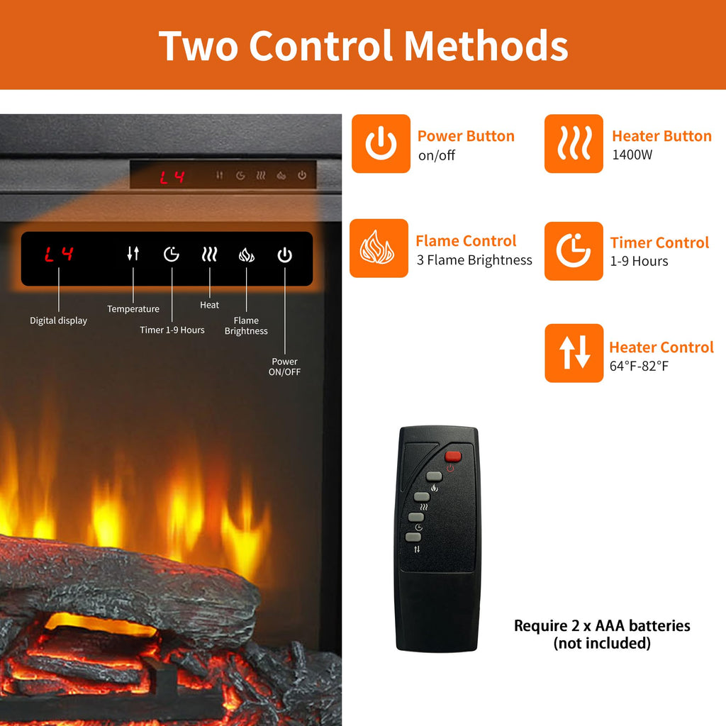 44" Electric Fireplace Insert, Realistic Flame & Resin Log, Adjustable Flame Brightness, Thermostat, Remote, Timer
