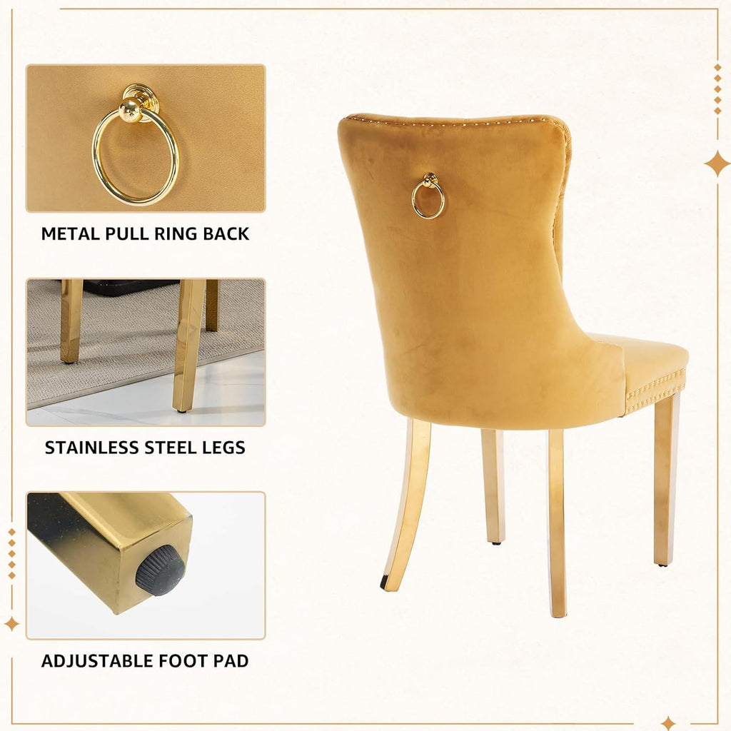 Velvet Dining Chair Set of 2, Tufted Upholstered High Wingback Chairs with Nailhead Trim, Pull Ring Back, Gold