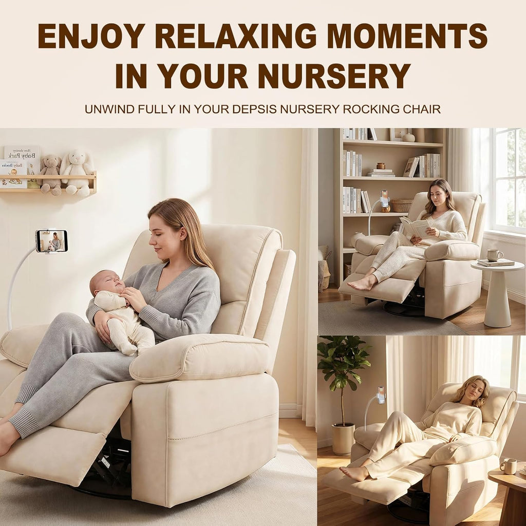 360° Swivel Glider Rocking Chair Nursery, Oversized Recliner with Phone Holder,Nursing Chairs for Breastfeeding with