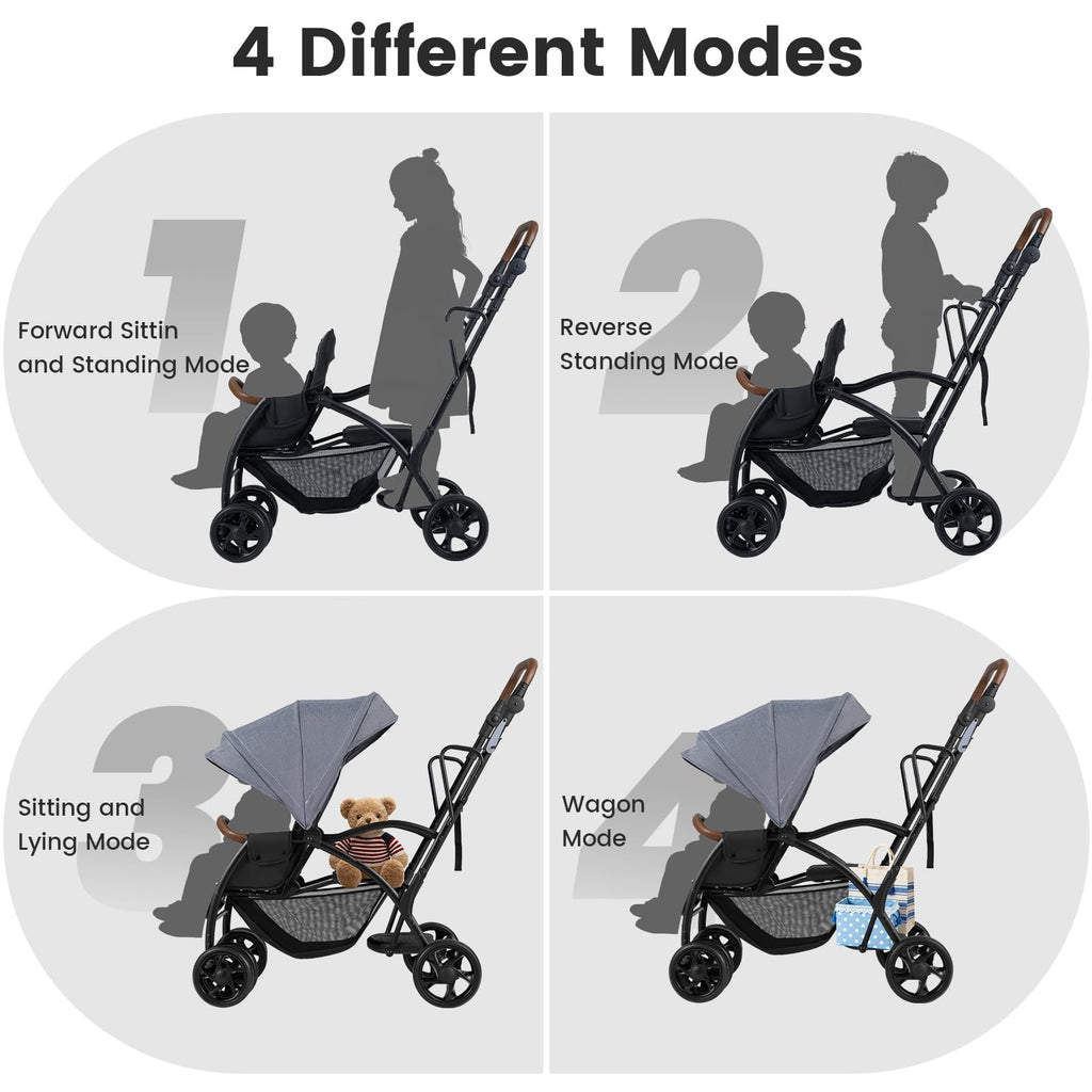 Sit and Stand Double Stroller, Foldable Tandem with Standing Platform Reclining Backrest, Adjustable Handlebar and