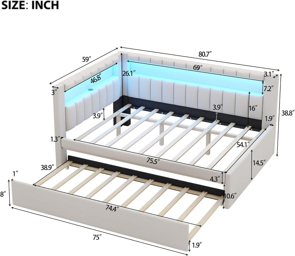 Full Upholstered Daybed with Trundle and USB/LED Belt, Corner Bed with Trundle, L-Shape daybed Living Room, Beige(Linen)