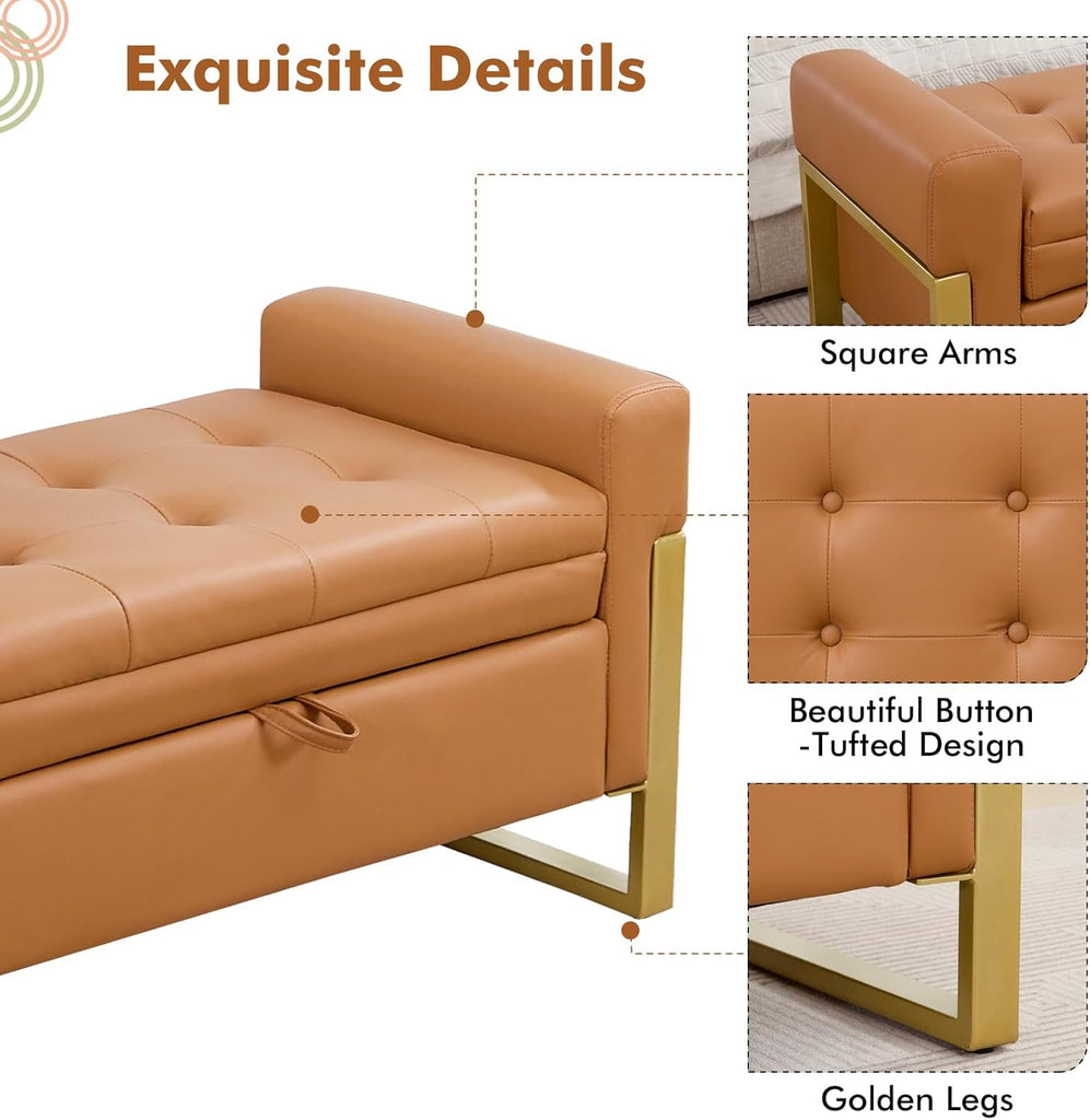 67" Storage Bench End of Bed King Size, Light Brown | Double Lids, Upholstered Faux Leather Storage Bench with Golden