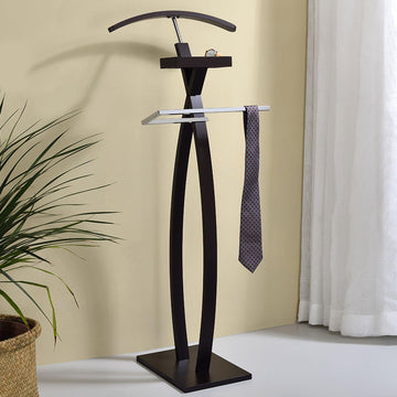 Curved Suit Rack Valet Stand, Clothes Rack, Clothing Organizer, Jacket Hanger, Chrome/Walnut