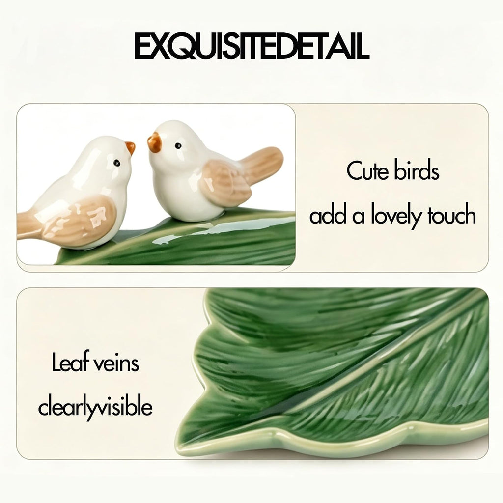 Green Ceramic Leaf Jewelry Tray with Bird Accents