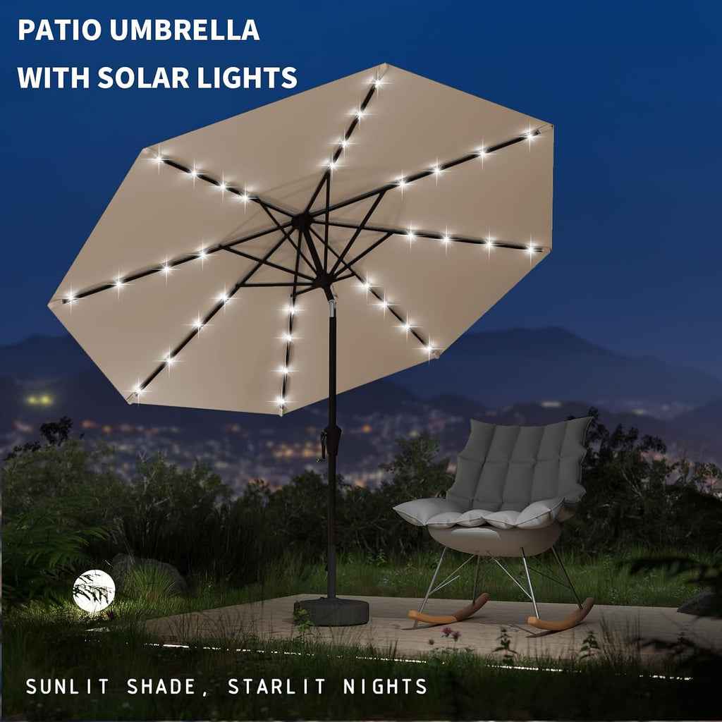 9FT Patio Umbrella with Solar Lights,Outdoor Market Umbrella with Tilt and Crank