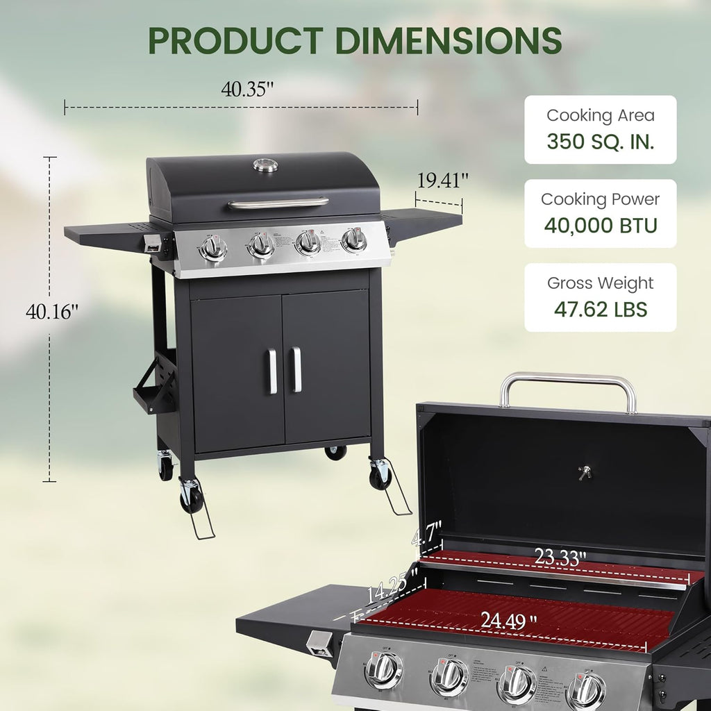 4-Burner Propane Gas Grill, 40,000 BTU Stainless Steel BBQ Grill with Foldable Side Tables, Spice Rack & Wheels