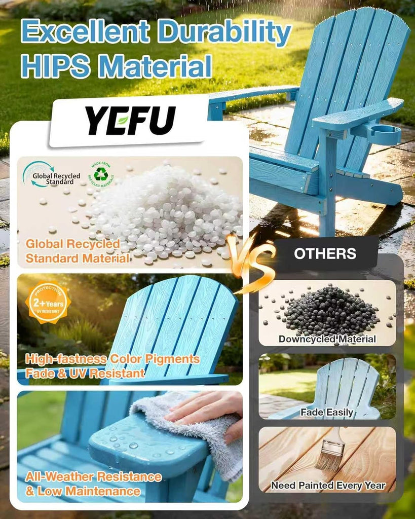 Adirondack Chair with Cup Holder, All-Weather Outdoor Chair, Blue | HIPS Plastic Fire Pit Chair with Wood Texture