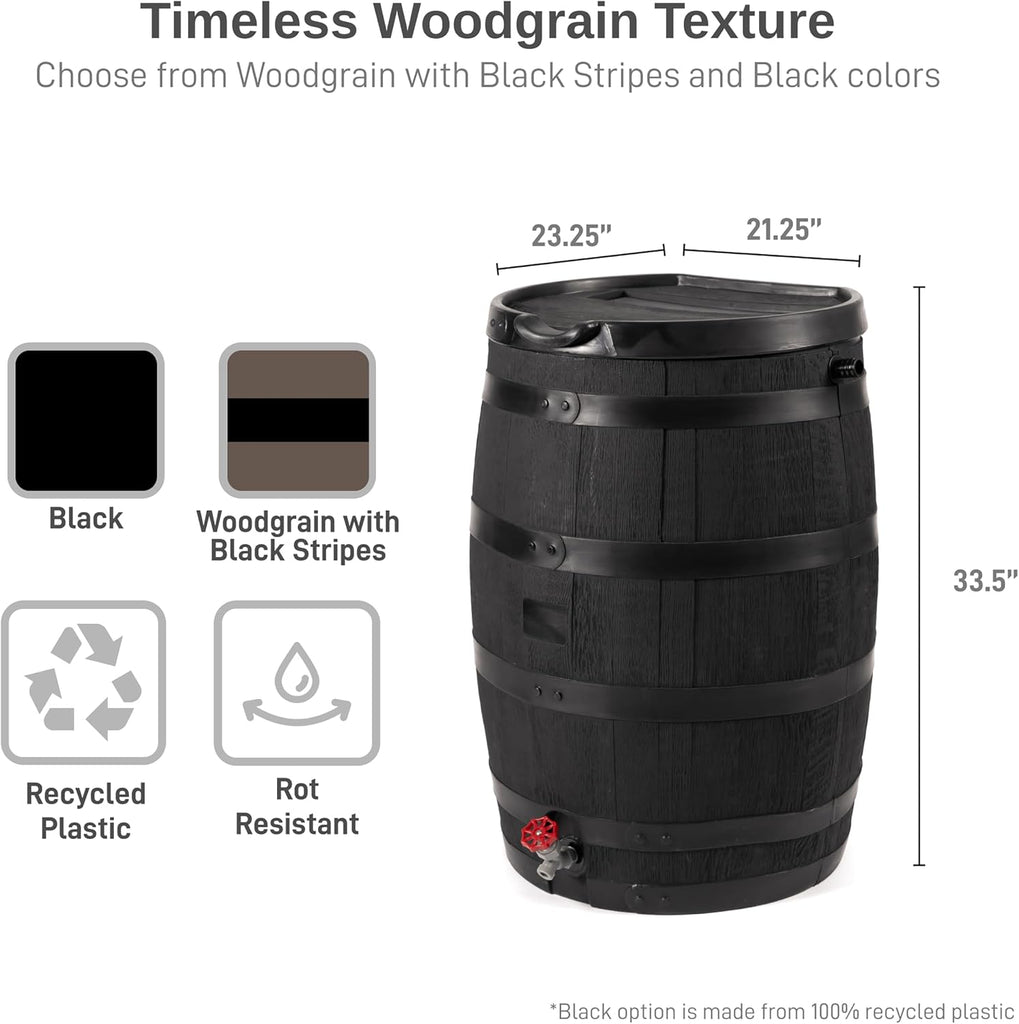 Premium 55-Gallon Eco Rain Barrel with Removable Lid, Flat Back Rain Water Collection Barrel, Made with 100% Recycled