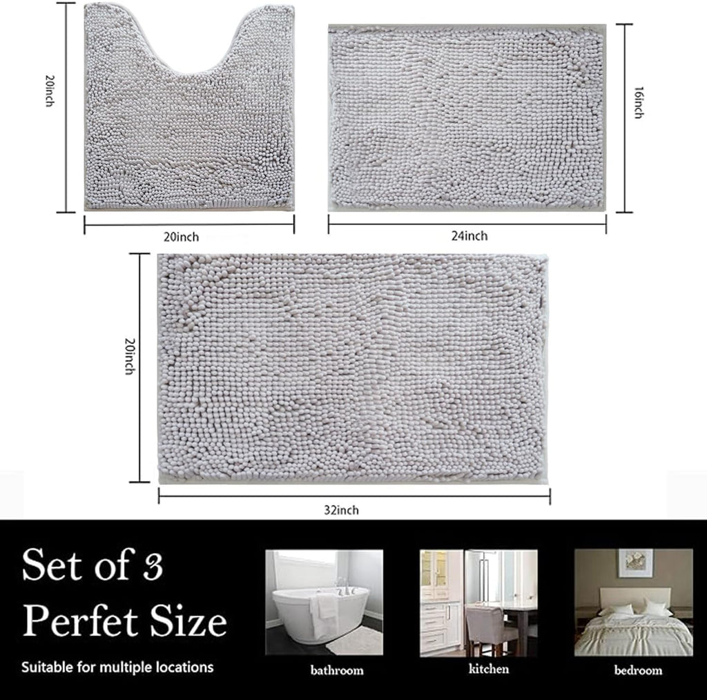 Bathroom Rugs Chenille Bath mat 3 Piece Set, Super Absorbent, Strong PVC Non Slip Backing, Bath mats , Plush Shaggy