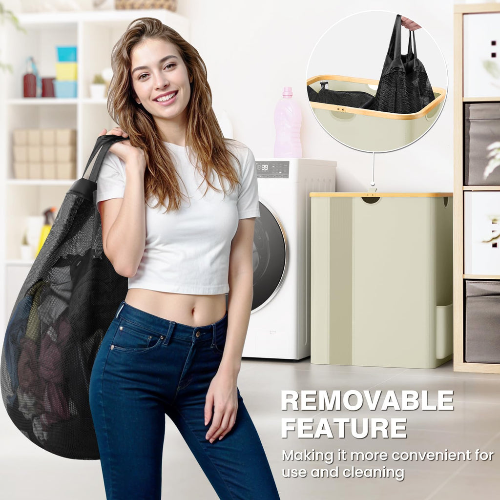 100L Laundry Basket Hamper with Lid & Removable Bag,Beige