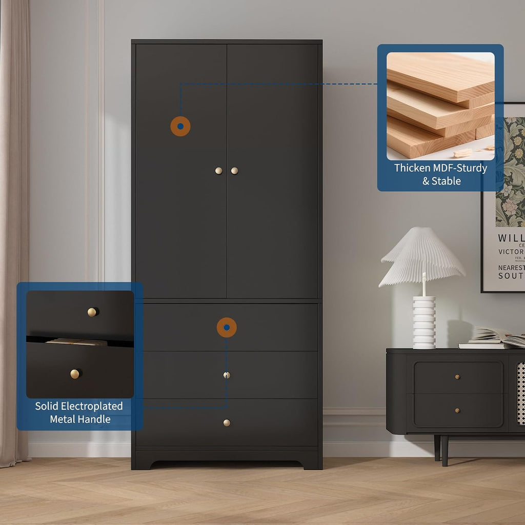 71" Armoire Wardrobe Closet, Bedroom Armoire Clothing Storage Cabinet | 3 Drawers & 2 Doors and Adjustable Shelves
