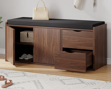 40" Entryway Storage Bench with Padded Seat Cushion, Wood Hidden Shoe Organizer Bench with 2 Drawers Cabinet