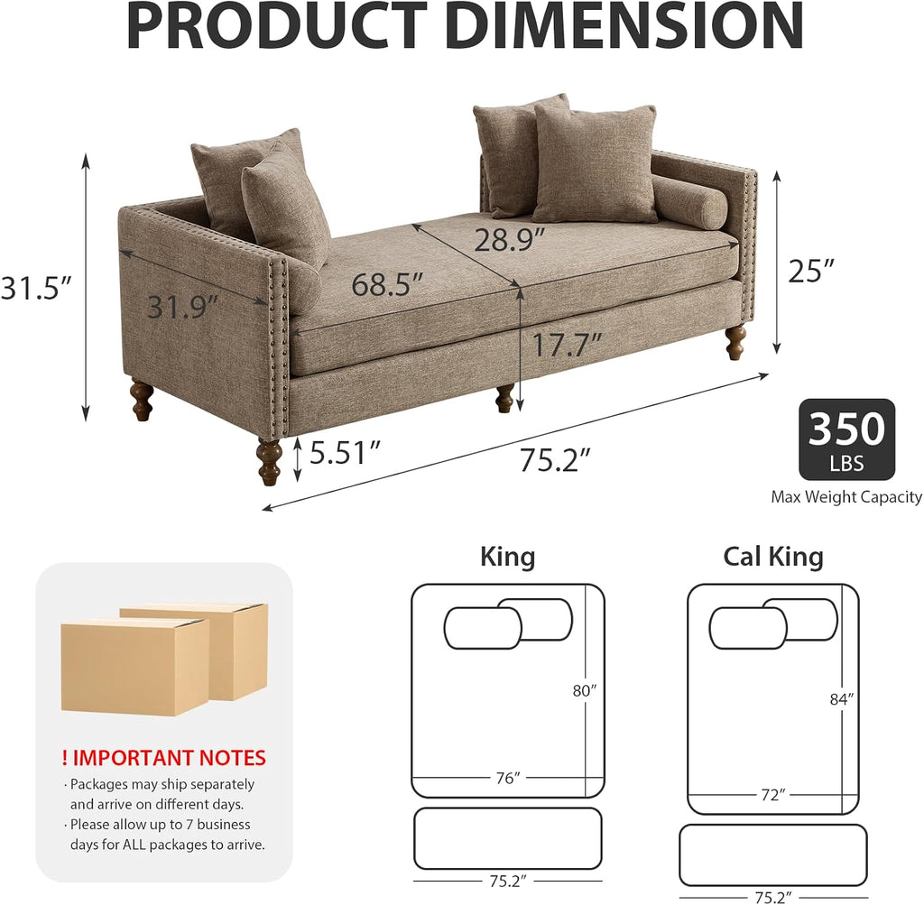 75.2" Oversized Chaise Lounge, Chenille End of Bed Bench with Tufted Arms, Sleeper Sofa Daybed with 4 Pillows