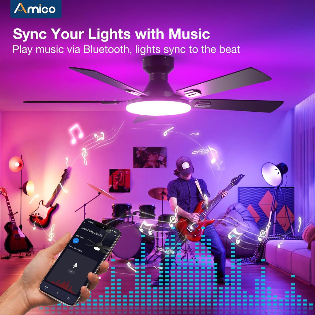 Ceiling Fans with Lights, 52'' Smart RGB Ceiling Fan with Remote/APP/Alexa Control, Flush Mount, Reversible DC Motor