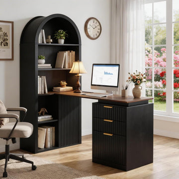 61 Inch L-Shaped Desk with Arched Hutch, Power Outlets, 3 Drawers, File Cabinet & Sliding Door Storage - Black