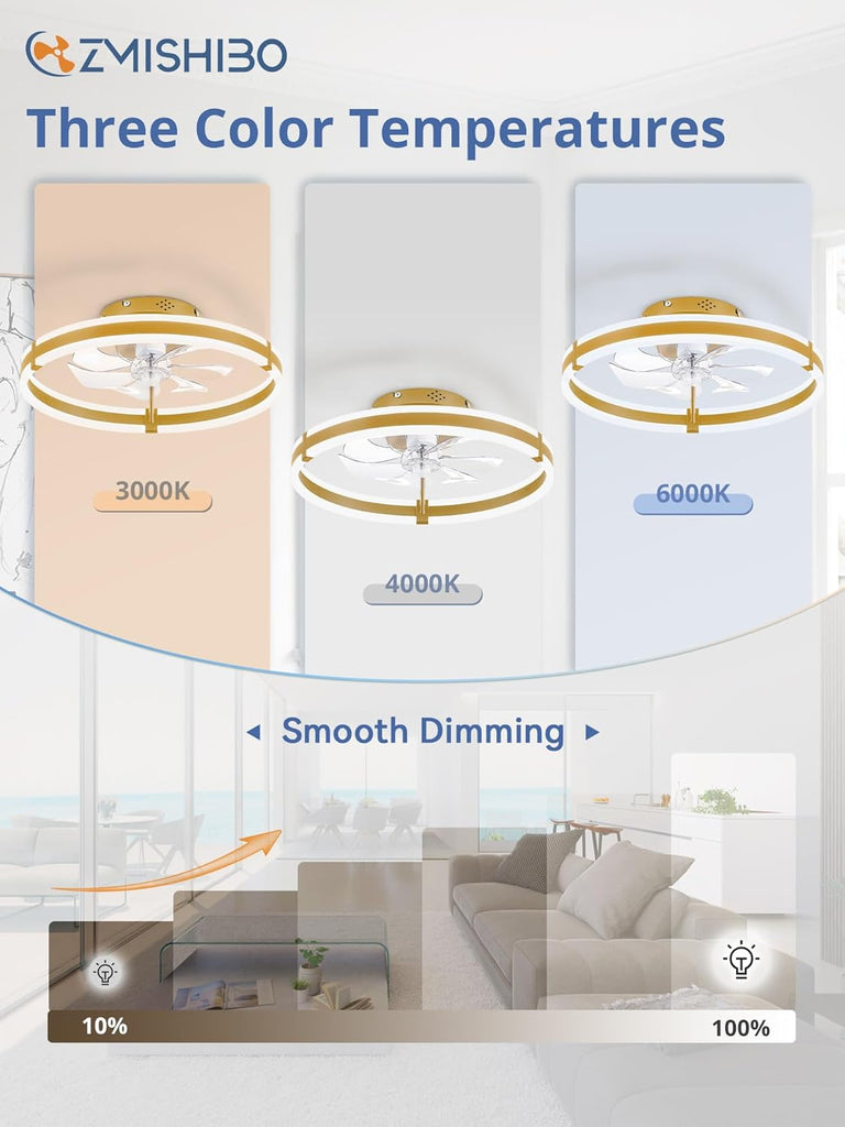 Ceiling Fans with Lights and Remote, 19.7'' Low Profile Ceiling Fan, 3000-6000K Dimmable Modern Flush Mount LED Fan Light, 6 Wind Speeds, Gold Fandelier Ceiling Fans for Bedroom