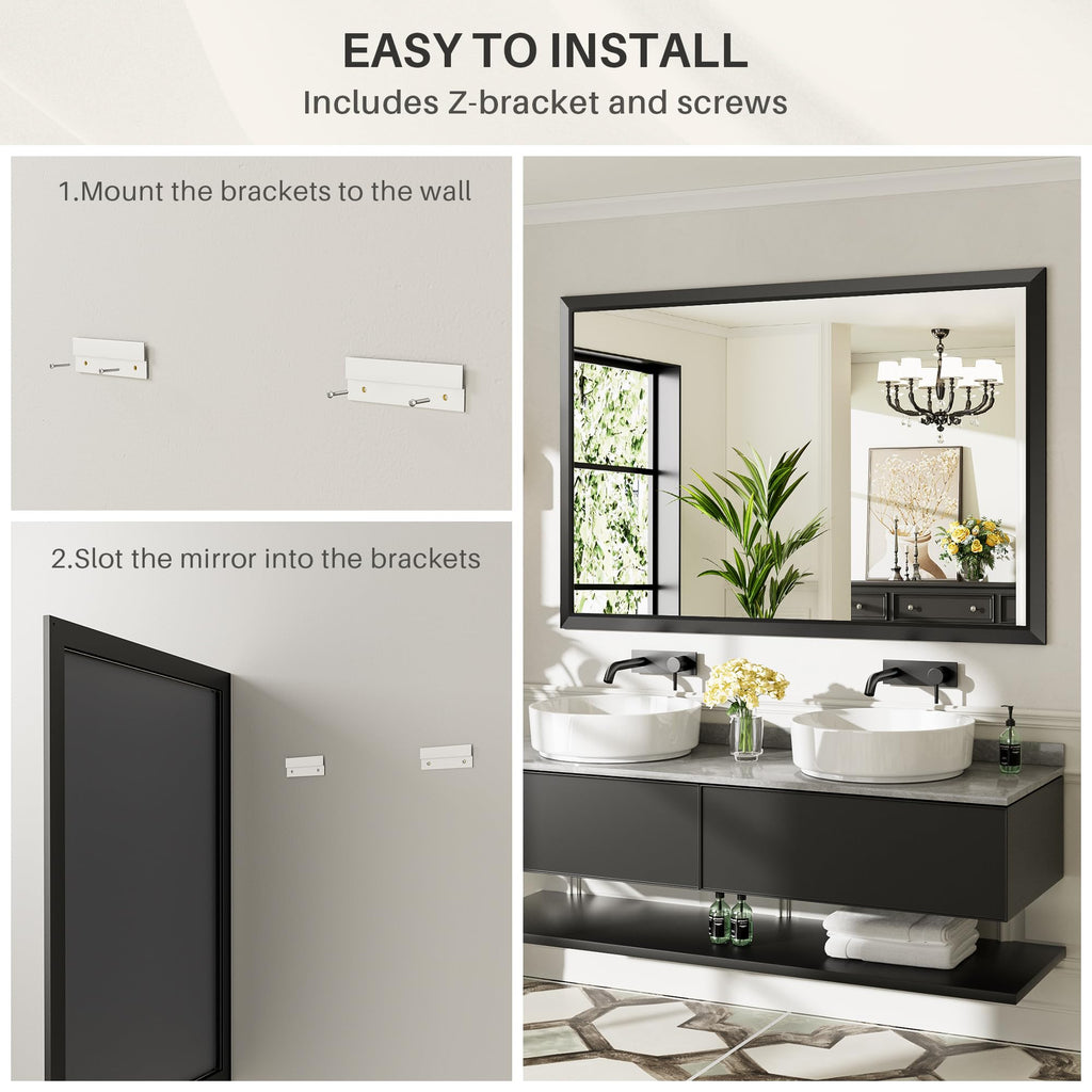 Black Metal Framed Bathroom Wall Mirror, 60x36 Inch