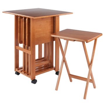 5-Piece Wood Folding Snack Table Set with Rolling Storage Stand and Removable Serving Tray - Fully Assembled (Teak)