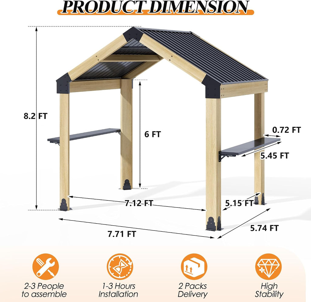 7.7'x5.7' Outdoor Grill Wood Gazebo - Hardtop Gazebo with 2 Side Shelves and Galvanized Steel Roof