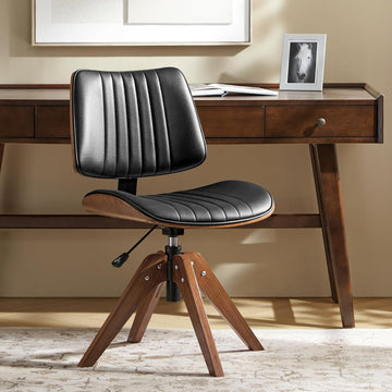 Faux Leather Home with Solid Wood Legs, 360° Swivel Desk Chair No Wheels with Bentwood Design, Mid-Century Modern