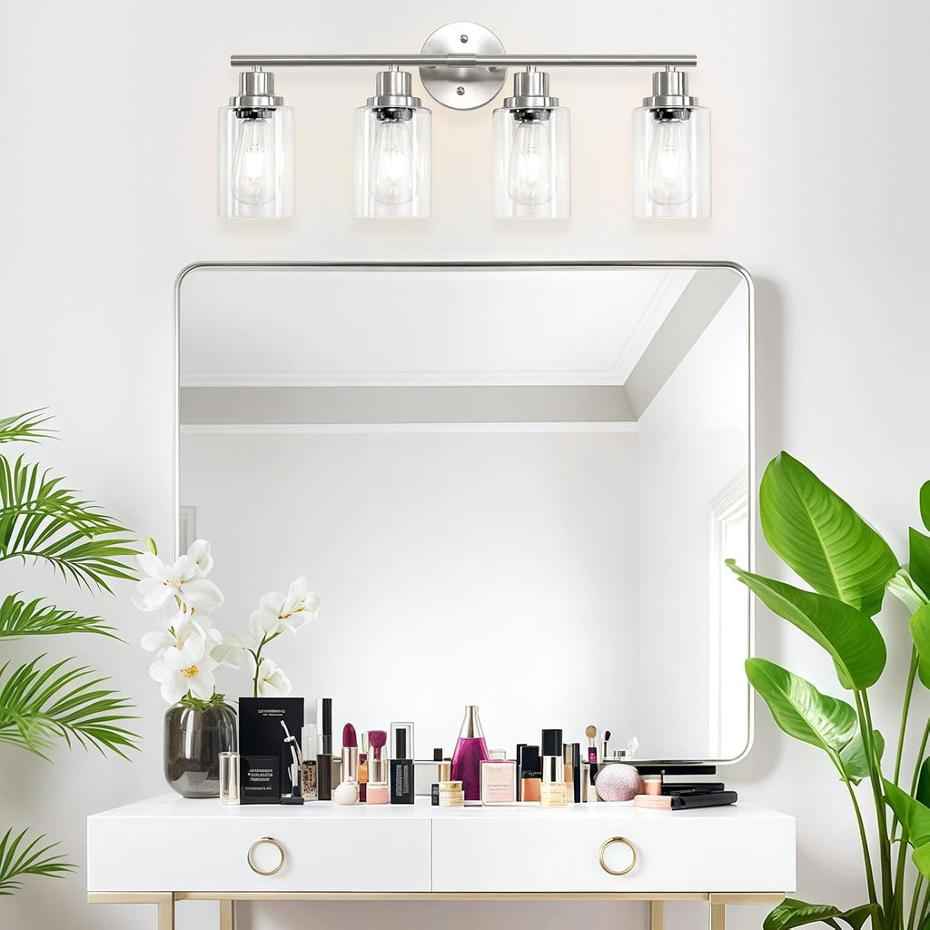 4-Light Nickel Bathroom Light Fixtures, E26 Modern Vanity Lights with Clear Glass Shade, Wall Lamps for Mirror