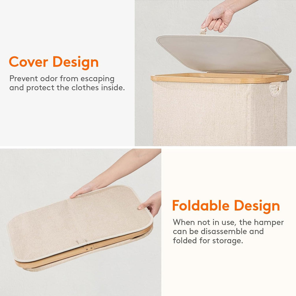 100L Laundry Basket with Lid, Clothes Hampers for Laundry with Bamboo Handles and 1 Removable Bag, Large Foldable