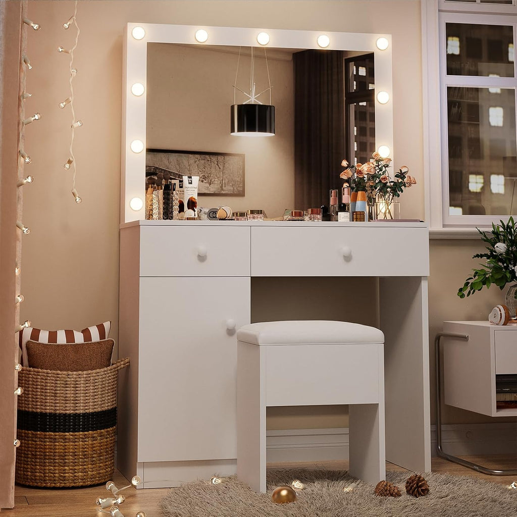White Makeup Vanity Desk with Lighted Mirror and Storage Chiar Set | 11 LED Light Bulbs, 3 Lighting Modes, Built-In