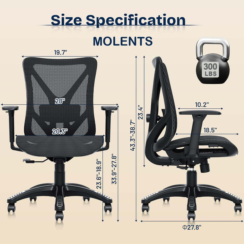 Ergonomic, Mesh Computer Desk Chairs with Adjustable Lumbar Support, 3D Armrests, Tilt Function, Comfy Wide Seat
