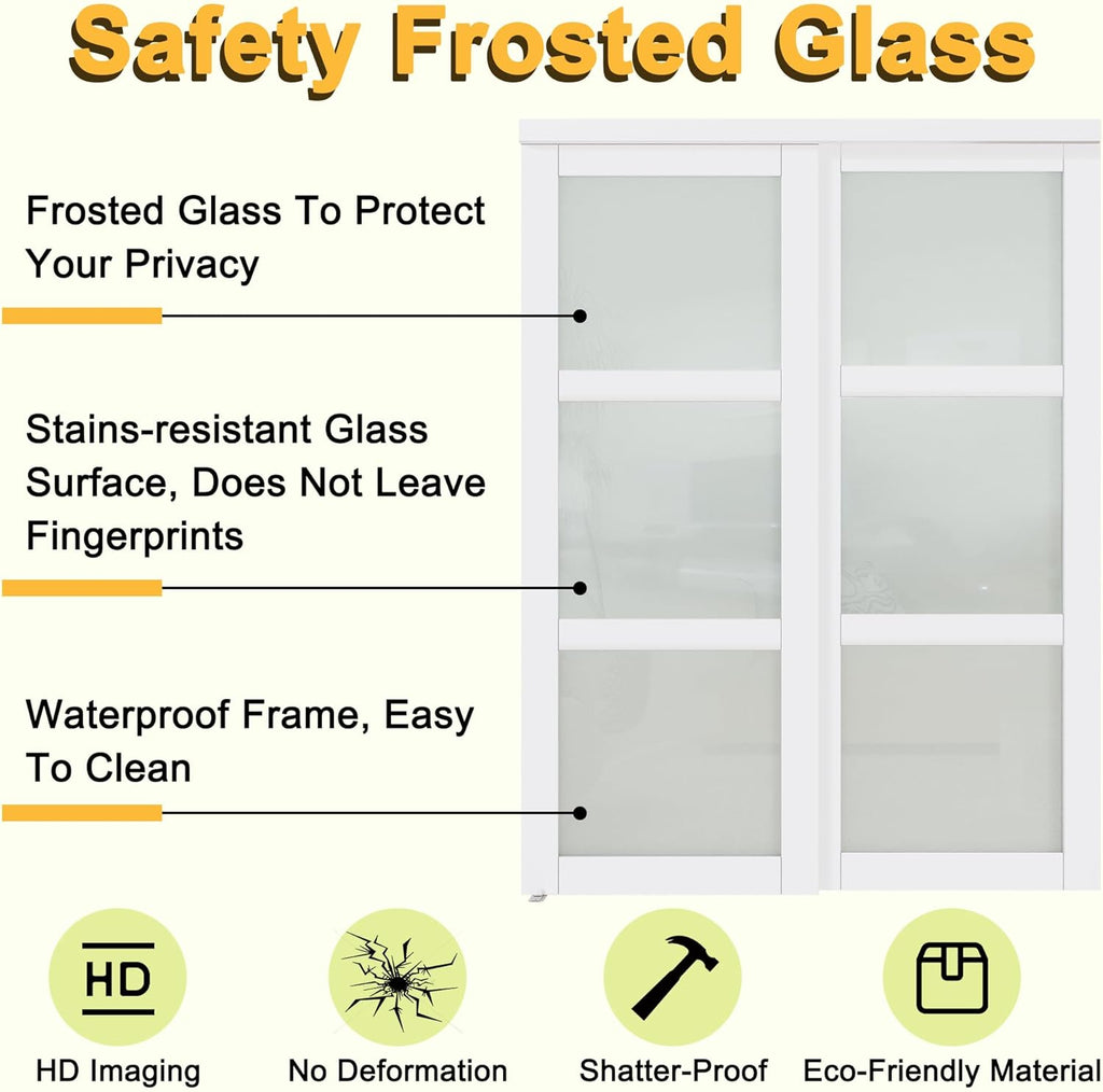 Bypass Glass Sliding Closet Door 48x80, Double Closet Panels with Hardware & Fascia, 3 Lite Frosted 