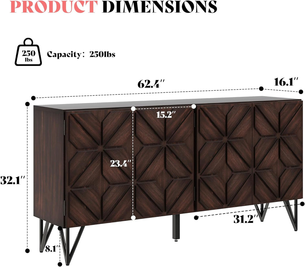 63” Solid Acacia Wood Sideboard Buffet Cabinet, Hand-Carved Geometric Door Console with Adjustable Shelves for Hallway