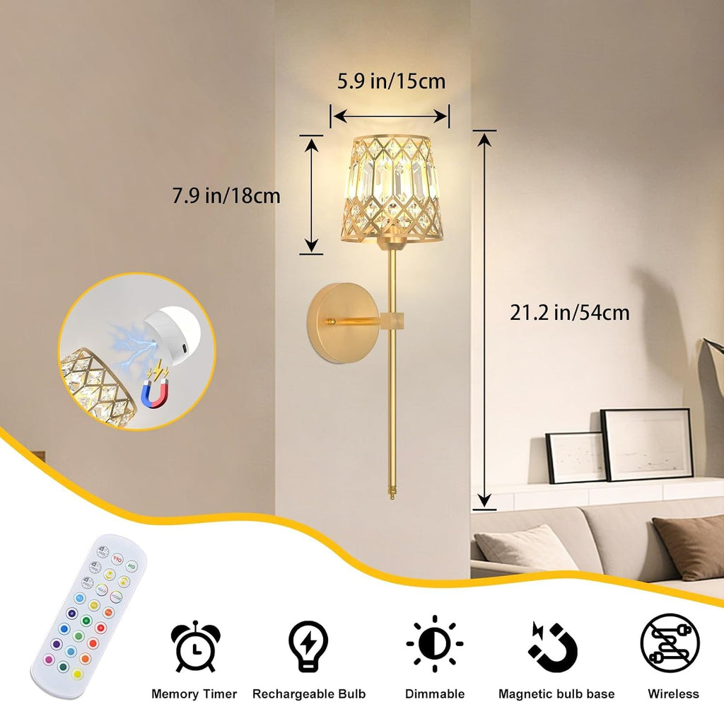 Gold Battery Operated Wall Sconces Set of 2, Crystal Rechargeable Wireless Wall Sconce Light Fixtures for Home Decor