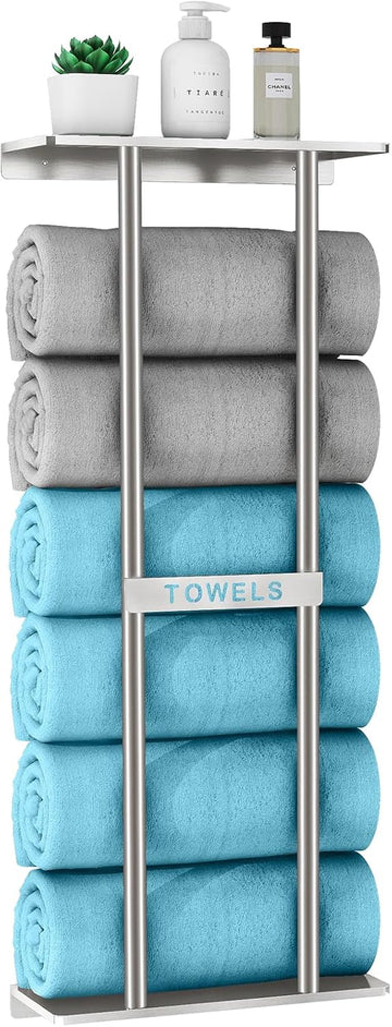 Bathroom Towel Storage , Wall Towel Rack for Rolled Towels, 30 inch Towel Holder Wall Mounted with Metal Shelf Can