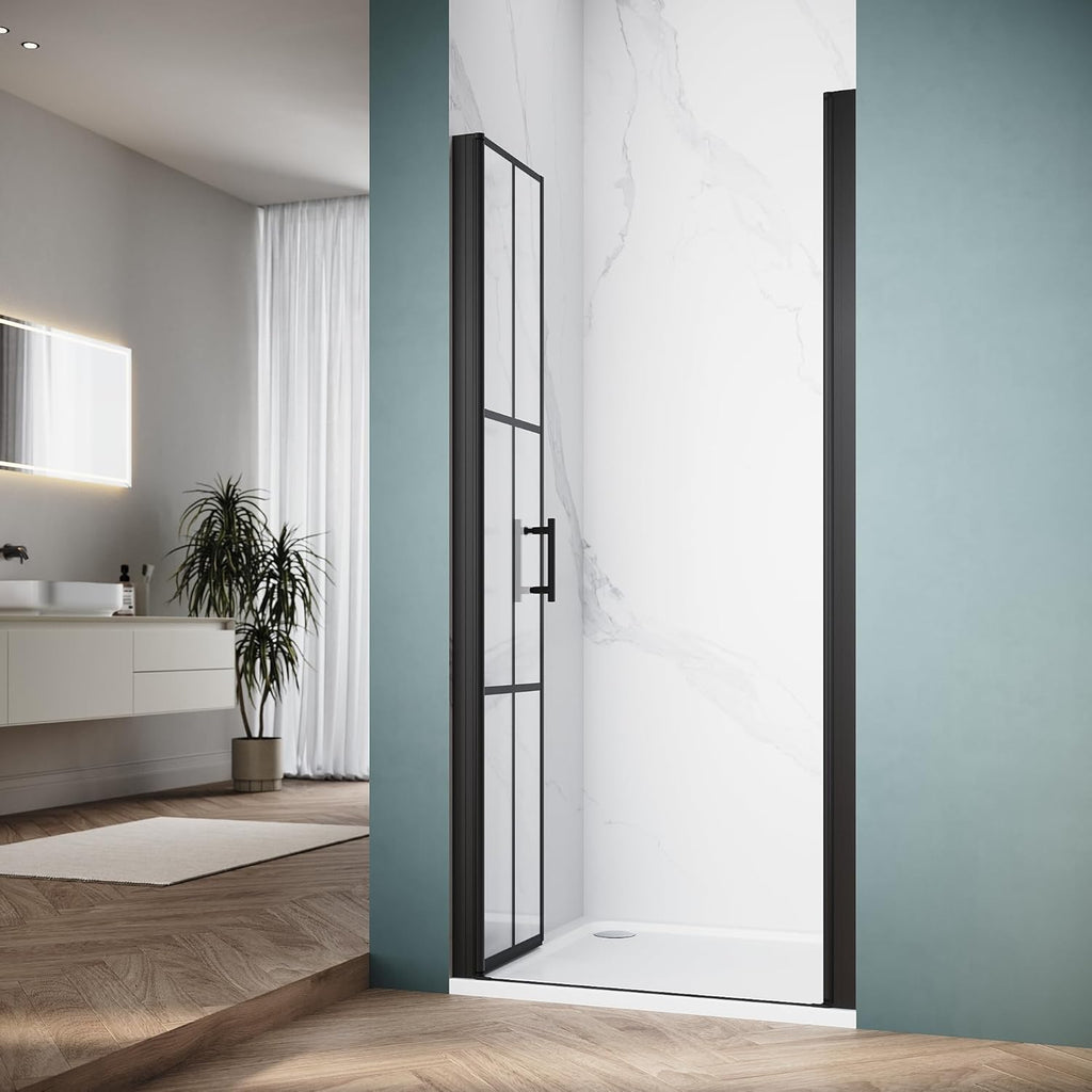 Double Pivot Shower Door 36" W x 75" H, Black Grid Shower Glass Door, 1/4" Tempered Glass, Semi-Frameless Shower Door