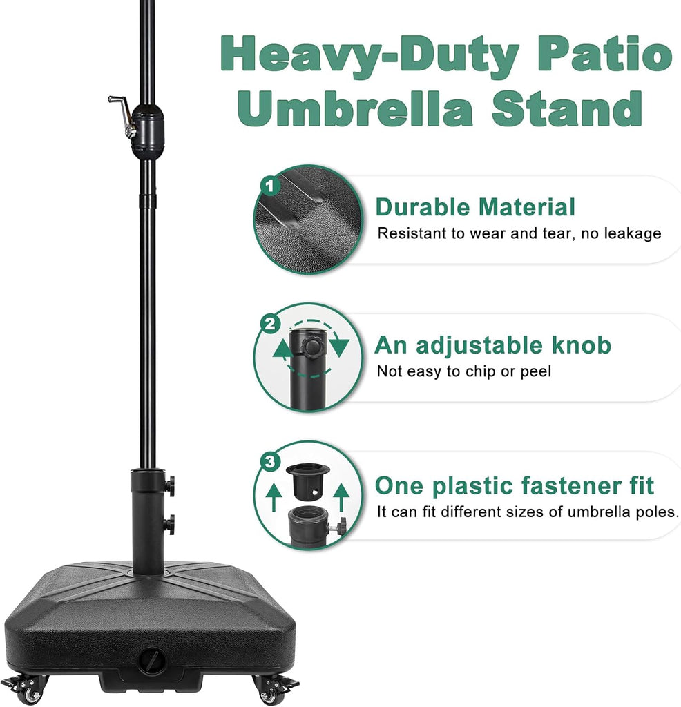 Patio Umbrella Base Heavy Duty with Wheels Square Market Stand 4 Locks 2 Knobs 125lb Capacity, Black