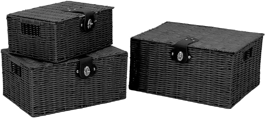 Set of 3 Woven Wicker Storage Basket Box with Lids & Lock, Built-in Carry Handles, Multifunctional Storage Organizer