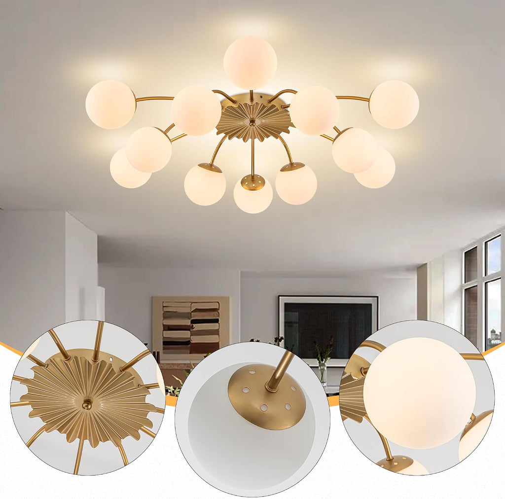 12-Light Sputnik Chandelier Gold and White 38.1 Inches | Flush Mount Ceiling Lights, Blossom Accent, Mid Century Opal