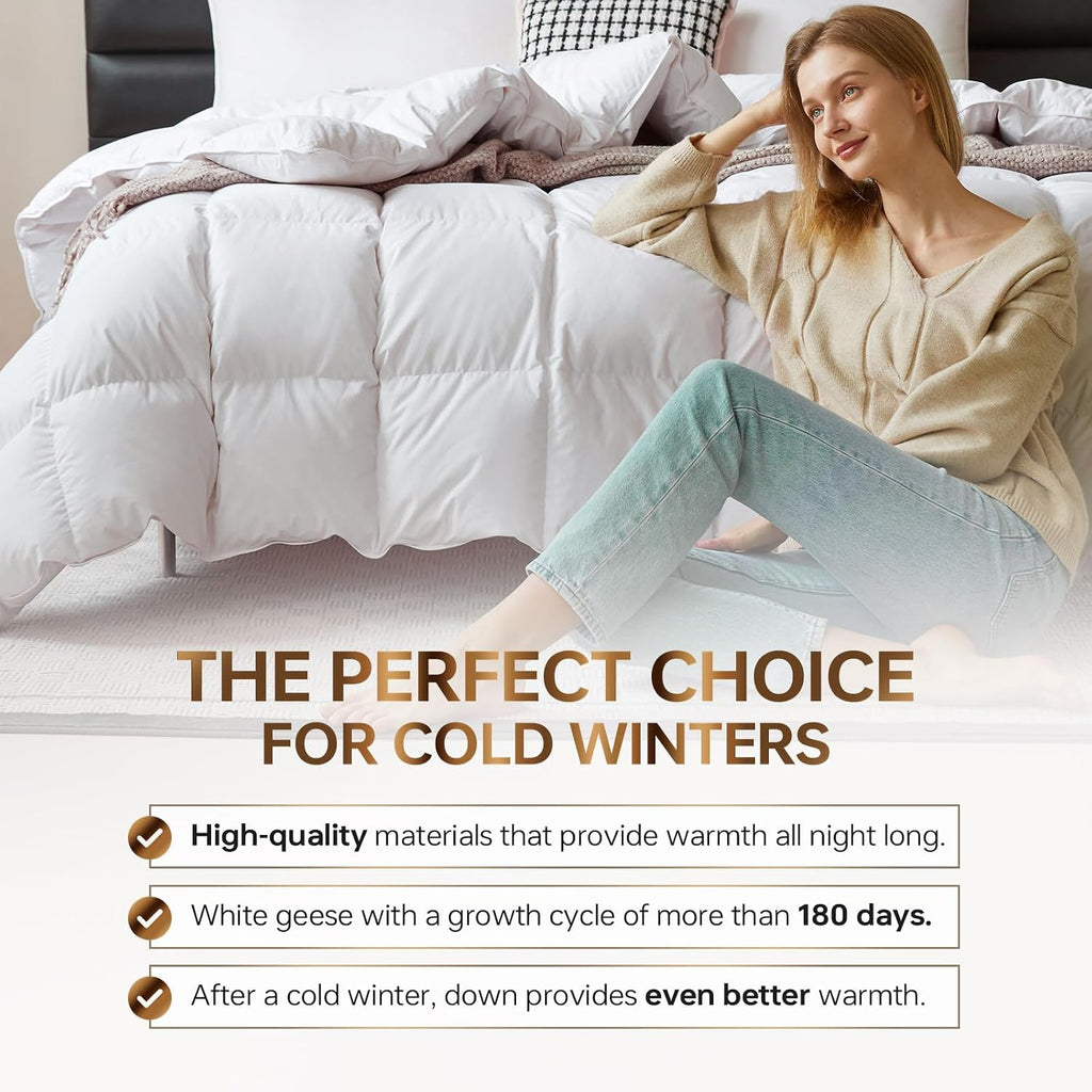 Goose Down Comforter Queen, All Season Duvet Insert, 100% Cotton Shell, 750+ Fill Power, 3D Baffle Box