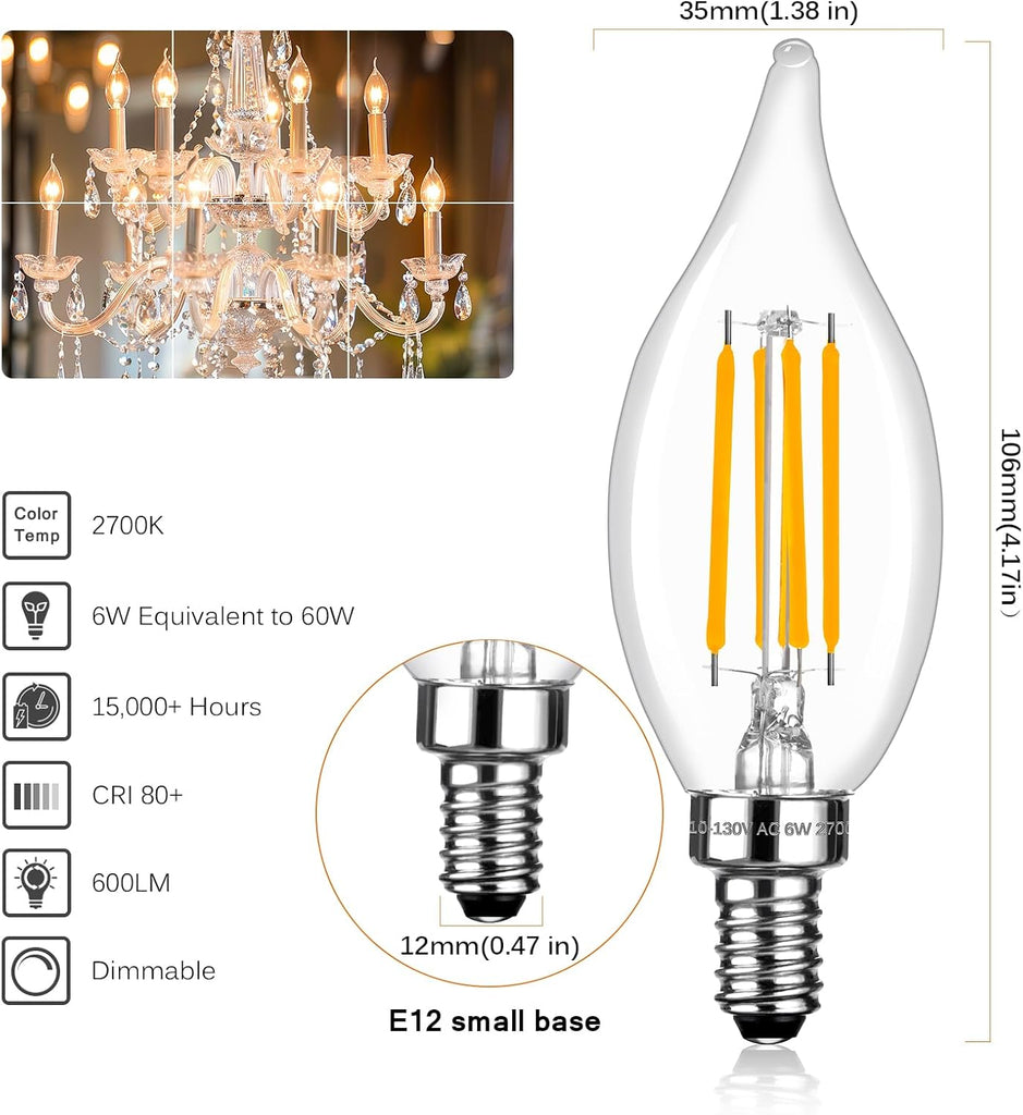 E12 Candelabra LED Light Bulbs Dimmable 60 Watt Equivalent, CA11 6W 2700K Soft Warm White Chandelier Candle Bulb