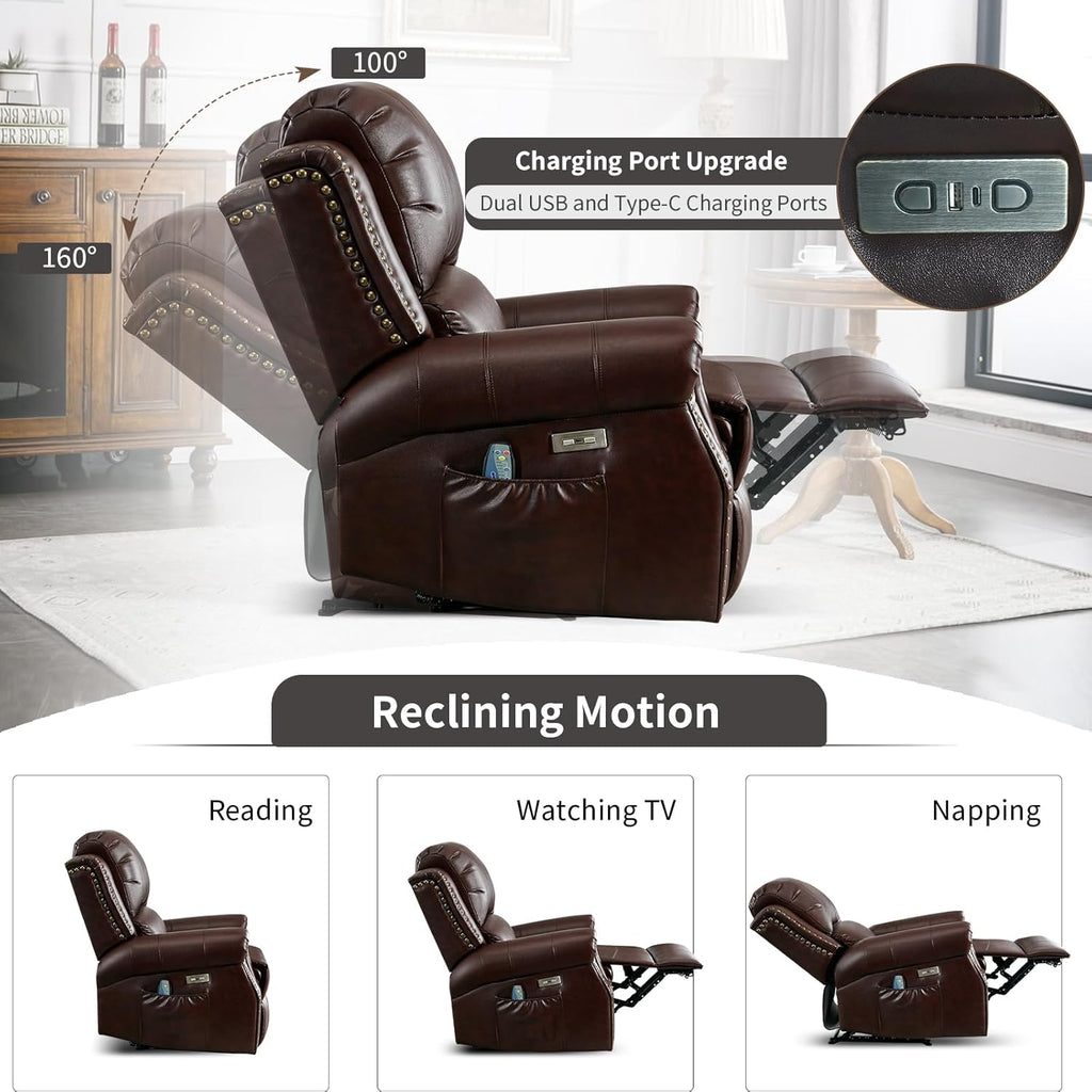 Classic Power Recliner Chair with Massage and Heat, Breathable Faux Leather Electric Recliner with USB&Type-C Ports