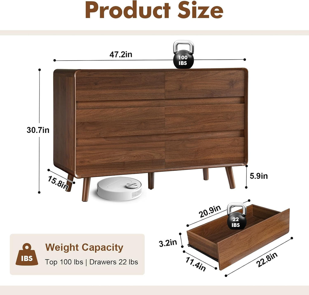 6 Drawer Dresser , 47'' Wide Mid Century Modern Dressers & Chests of Drawers, Wood Storage Drawer Dressers , Walnut