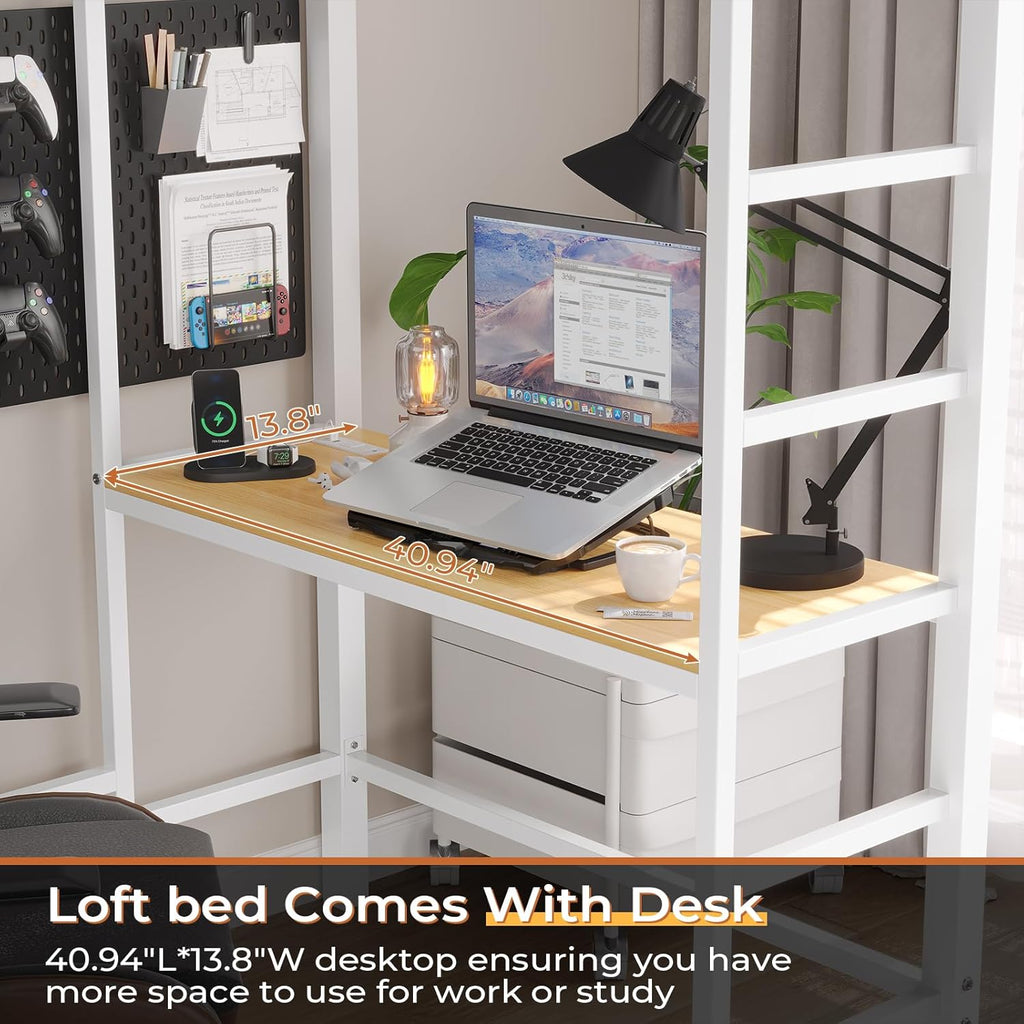 Loft Bed Twin with Desk and Charging Station Metal Loft Bed with Led Lights,Storage Shelves and Drawers Twin Bed with