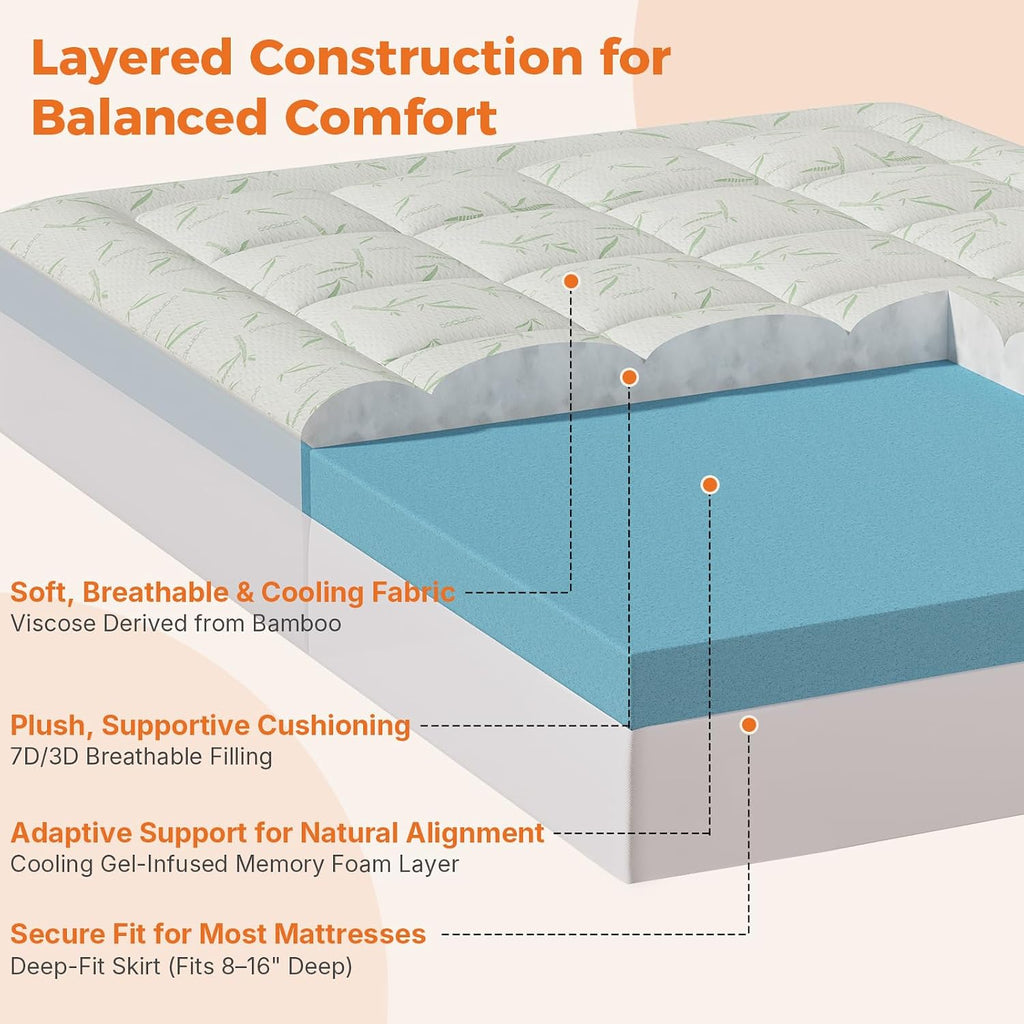 Queen Mattress Topper, Memory Foam, 2 Inch Cooling Pad | Dual Layer Gel Infused Cooling, Down Alternative Pillowtop