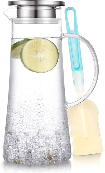 1.5 Liter 51oz Glass Pitcher with Lid, Easy Clean Heat Resistant Glass Water Carafe with Handle for Hot/Cold