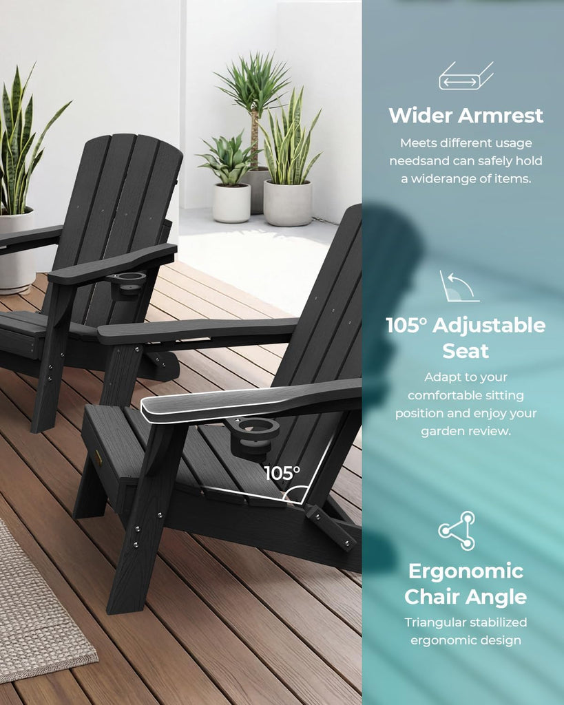 Folding Adirondack Chair, HDPE Adirondack Chairs with 2 Cup Holder, Plastic All-Weather Fire Pit Chairs, Outdoor Lawn