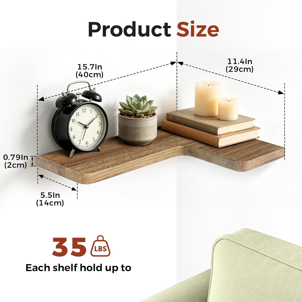 Solid Wood Corner Floating Shelves, L-Shaped, Oak, Set of 3 | Hidden Brackets, Space-Saving Wall Storage