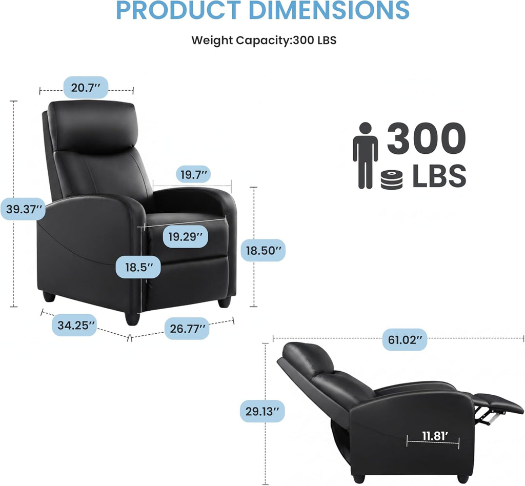 Recliner Chair - Adjustable Push Back PU Leather Recliner, Plush Reading Chair & Luxe Sofa Chair Chairs or Bedroom