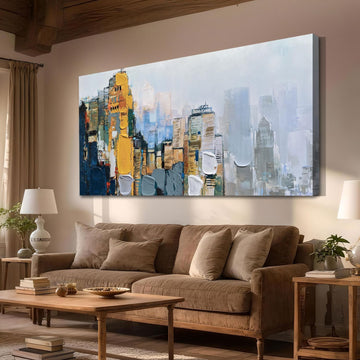 Neutral Wall Art Painting Oversize Abstract Art Wall Decor Canvas, Textured Skyline Gold Painting Modern Artwork for