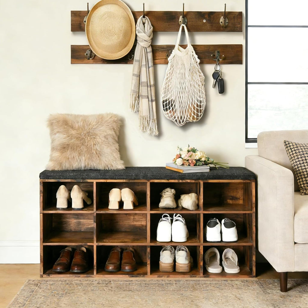 Shoe Storage Bench with Cushion, 39.4" L Entryway Bench with 12 Cubbies, Entryway Hall Tree with Storage, Shoe