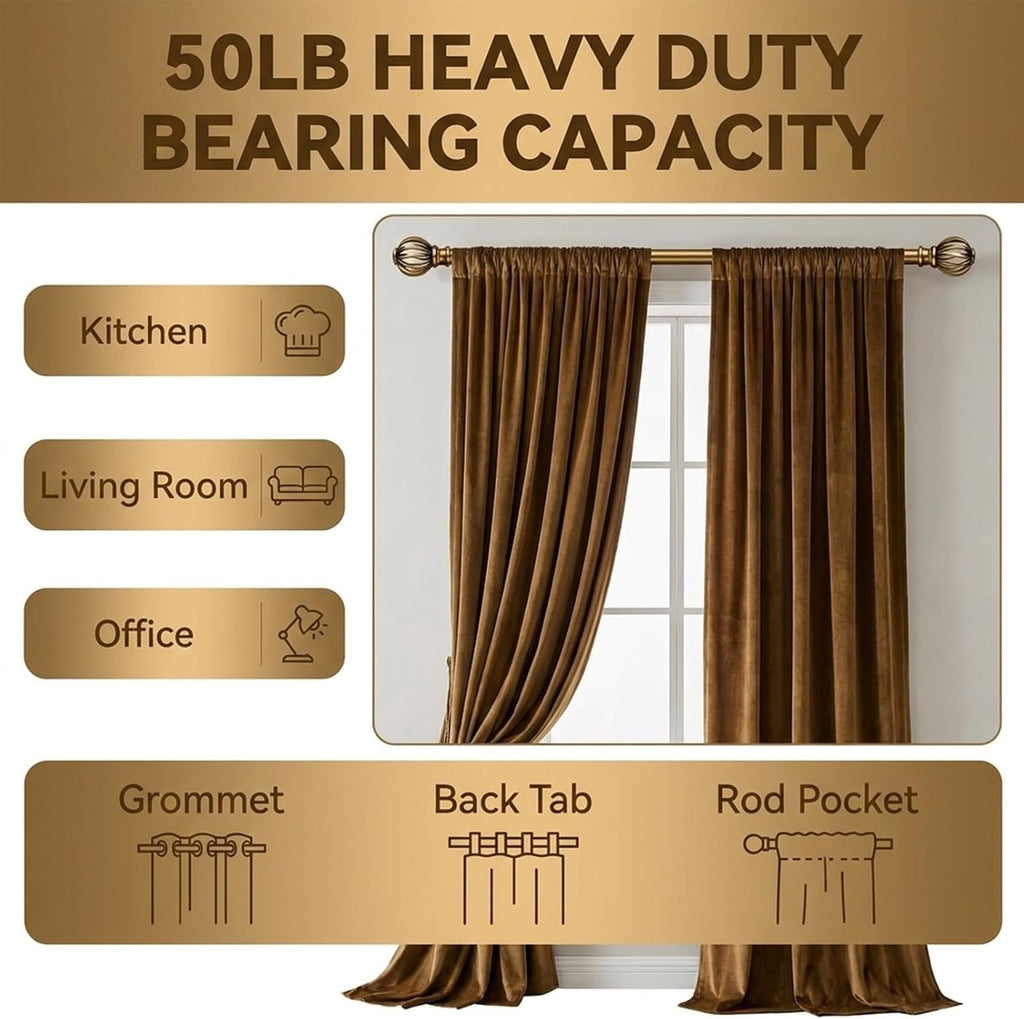Brass Curtain Rods for Windows 30-88 Inch Adjustable Heavy Duty Metal,1 Inch Pipe Decorative Modern Rustic Blackout
