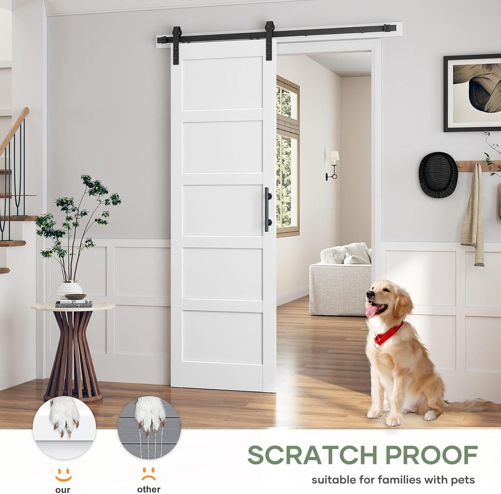 30x96 Inch White Sliding Barn Door Slab with 5.5ft Hardware Kit Included, 5-Panel, MDF Wood Panel Co